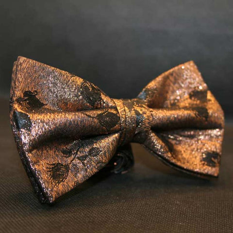 Oblique View Of Black Floral Bronze Pre-Tied Adult Bow Tie | PRochelin
